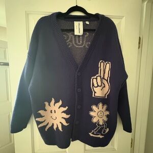 Unisex Navy Graphic V-Neck Button Cardigan Sweater